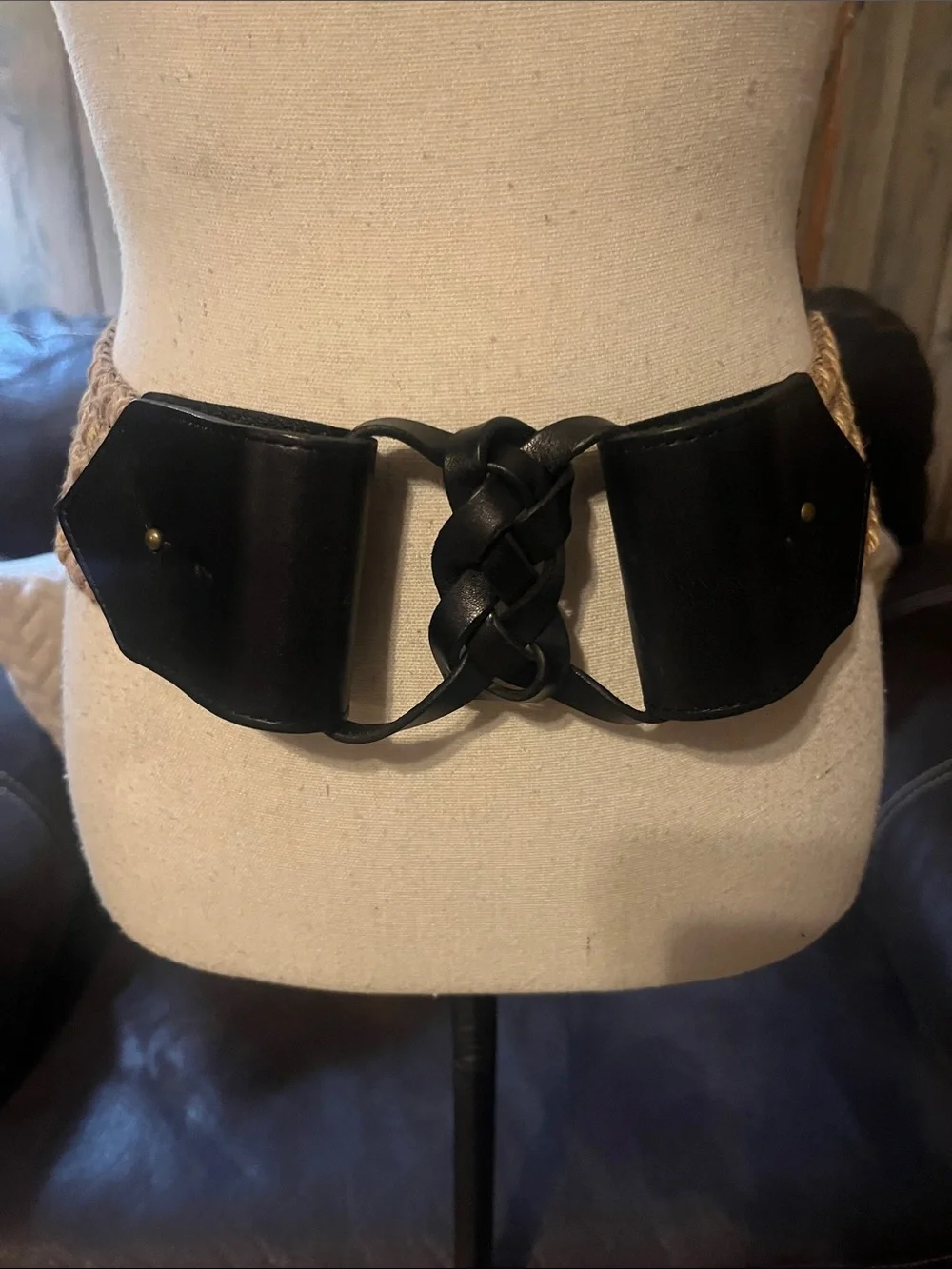 Woven Wide Rope and Black Leather Knot Waist Belt Boho Festival Braided Western